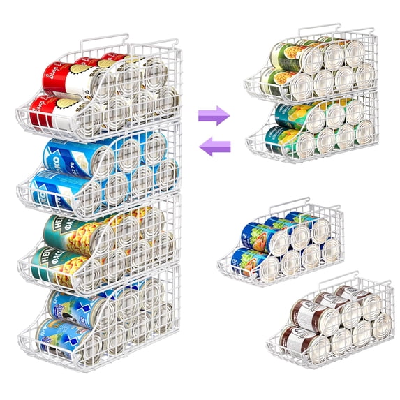 Baxikayon 4-Pack Stackable Can Organizer with Handles, Foldable Wire Soda & Canned Food Storage Rack for Kitchen Pantry Cabinet, White