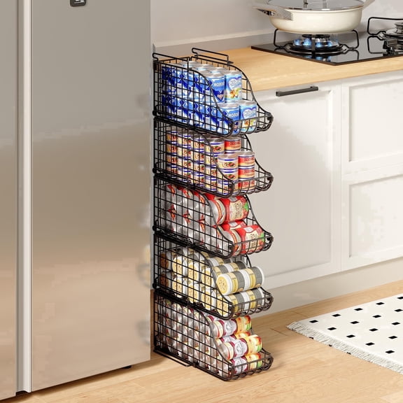 Baxikayon 4-Pack Stackable Can Organizer with Handles, Foldable Wire Soda & Canned Food Storage Rack for Kitchen Pantry Cabinet, Black