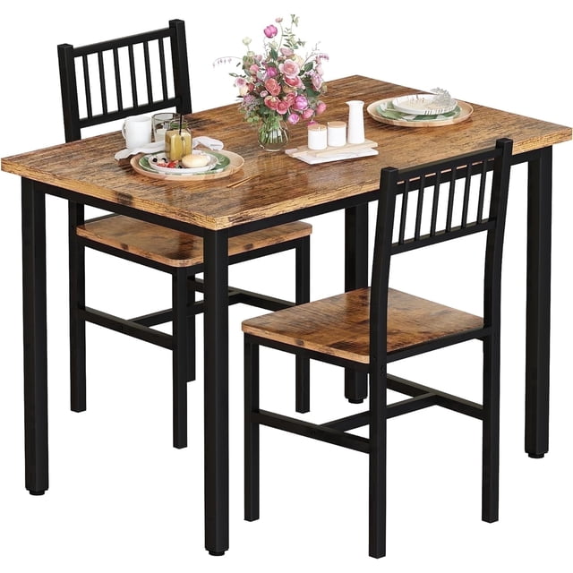 Baxlane Dining Table Set, Rustic Kitchen Table and 2 Chairs with Metal ...