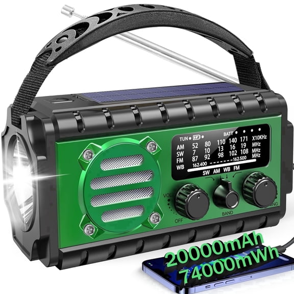 Baxlen 20000mAh Emergency Weather Radio, AM/FM/SW/NOAA Solar Hand Crank Radio, Portable Radios with LED Flashlight and SOS Alarm,Green