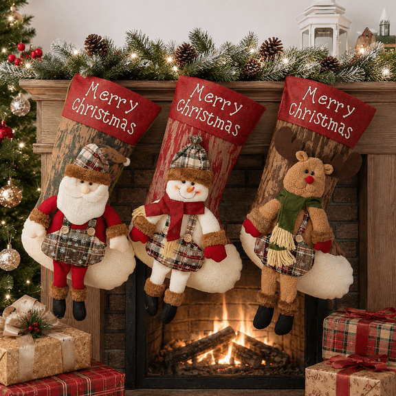 Baxlen Christmas Stockings Set of 3, 18-Inch 3D Plush Santa Claus, Snowman & Reindeer with Dangling Legs, Fireplace Hanging Holiday Decor