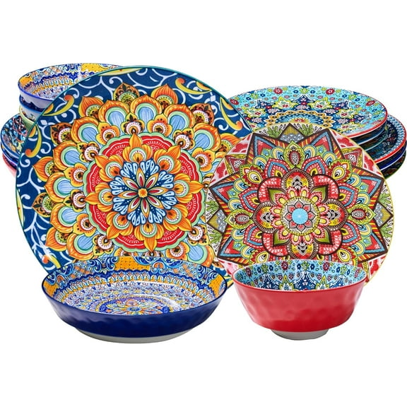 Baxluxe 16 Pieces Dinnerware Sets of 4, Bohemian Design Scratch Resistant Plates and Bowls Set, Microwave & Dishwasher Safe Tableware Set, Dinner Set for Salad, Pasta, Dessert,Steak, Appetizers