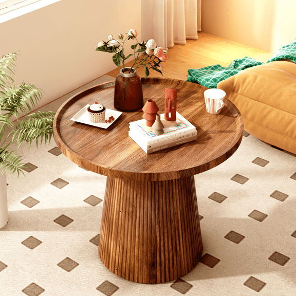 Baxluxe Round Wood Coffee Table, 24 Inch Walnut Coffee Table with Fluted Pedestal Base, Modern Tray Top Coffee Table for Living Room, Apartment