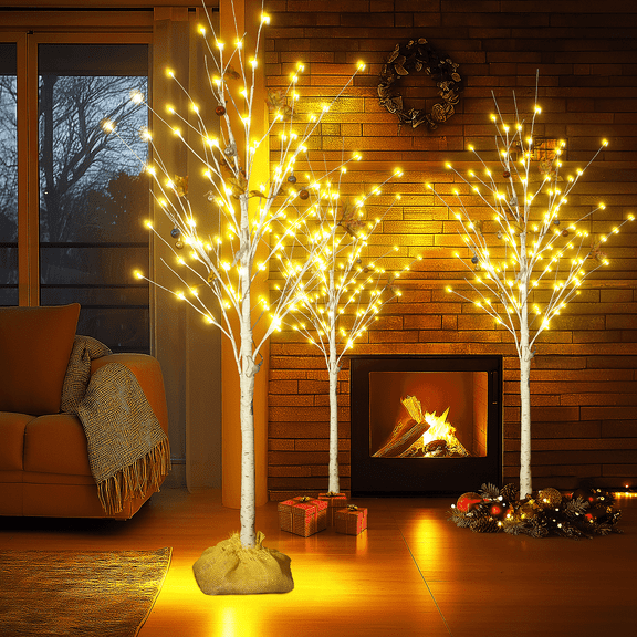 Baxluxe 3 Packs Birch Tree with LED Lights, Prelit Artificial Front Porch Little Tree for Halloween Decor, 4FT+5FT+6FT Decorative Tree for Home, Party, Christmas, Wedding, Easter Decor, Warm White