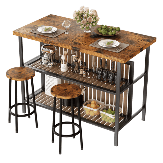 Baxluxe Bar Table Set with Storage Shelves, Rectangular Pub Table Set with 2 PU Leather Stools, Pub Style Kitchen Table with Chairs, Counter Height Dining Set for Kitchen, Dining Room, Brown