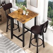 Baxluxe Pub Dining Table Set for 2, Wooden Square Bar Table Set with 2 Leather Bar Stools, Counter Height Retro Kitchen Table with Chairs Set, 3 Pieces Pub Table Set for Breakfast Nook, Brown