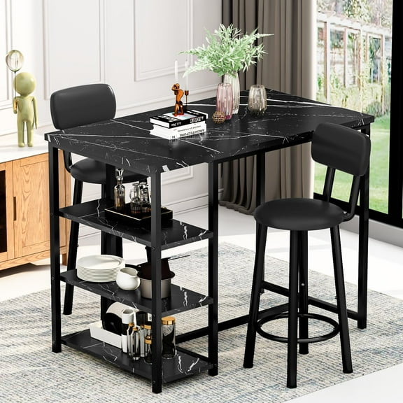 BAXLUXE Dining Table Set For 2, 3 Pieces Kitchen & Dining Room Sets,Kitchen Table, Bar Table Set with Storage,Small Table and Chairs,Height Kitchen Dining Set Table and Chairs Set, Black