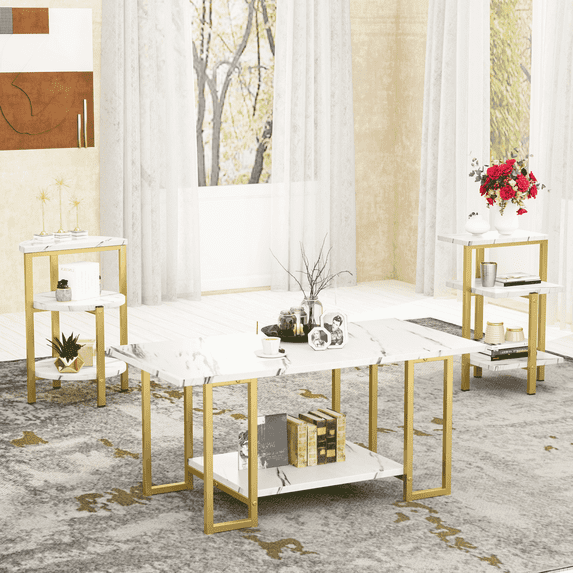 Baxluxe 3 Pieces Faux Marble Table Set, Modern Rectangle Coffee Table with 2 Side Table, Faux Marble Tabletop and Metal Frame, 3 Pieces Table Sets for Living Room, Apartment, White & Black