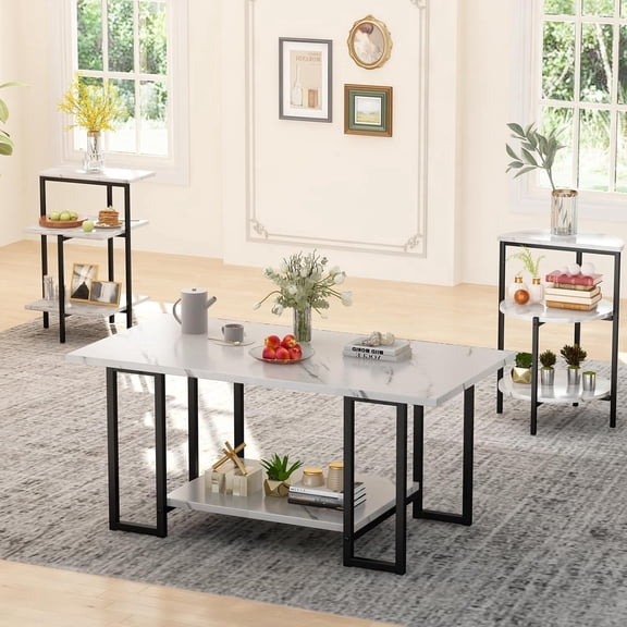 Baxluxe Coffee Table Set of 3, Includes One Coffee Table and Two Side Tables,End Table with Open Storage Shelf for Living Rooms, Apartments, and Offices