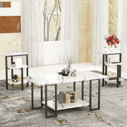 Baxluxe 3 Pieces Faux Marble Table Set, Modern Rectangle Coffee Table with 2 Side Table, Faux Marble Tabletop and Metal Frame, 3 Pieces Table Sets for Living Room, Apartment, White & Black