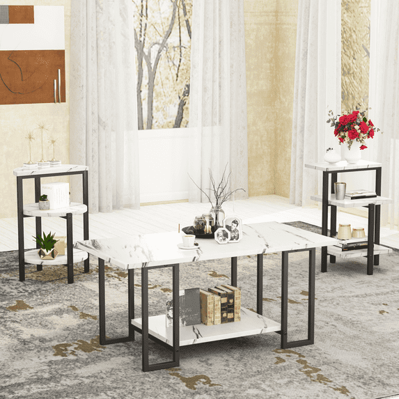 Baxluxe 3 Pieces Faux Marble Table Set, Modern Rectangle Coffee Table with 2 Side Table, Faux Marble Tabletop and Metal Frame, 3 Pieces Table Sets for Living Room, Apartment, White & Black