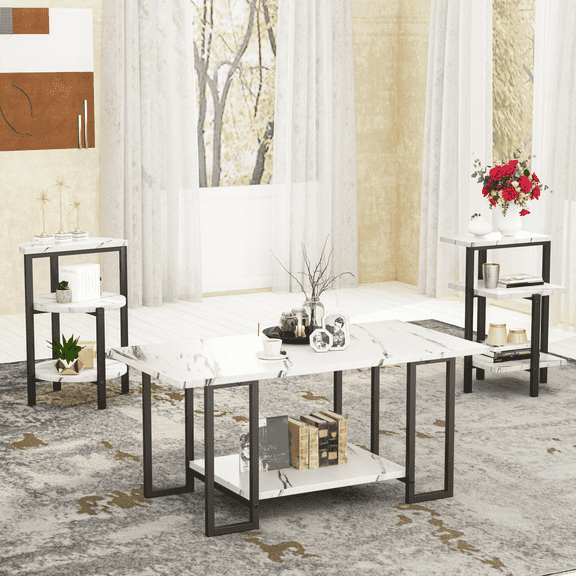 Baxluxe 3 Pieces Faux Marble Table Set, Modern Rectangle Coffee Table with 2 Side Table, Faux Marble Tabletop and Metal Frame, 3 Pieces Table Sets for Living Room, Apartment, White & Black