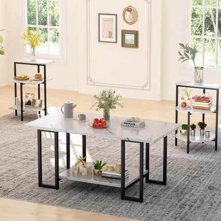 Baxluxe 3 Pieces Faux Marble Table Set, Modern Rectangle Coffee Table with 2 Side Table, Faux Marble Tabletop and Metal Frame, 3 Pieces Table Sets for Living Room, Apartment, White & Black