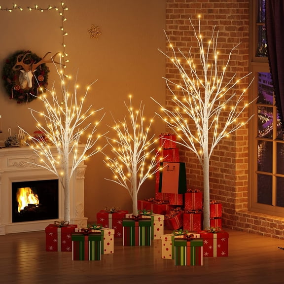 Baxluxe 3-Piece Lighted Birch Tree Set with LED Lights - 4FT+5FT+6FT Artificial Black Birch Trees for Christmas, Halloween, Weddings Indoor/Outdoor Decor, Warm Blossom Bulbs & Maple Leaves, Black