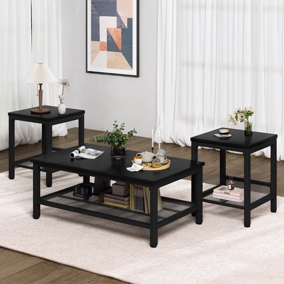 Baxluxe 3 Pieces Living Room Coffee Table Set, Retro Coffee Table with 2 Square End Tables, Tea Table Set with Metal Frame for Apartment Home Office, Black