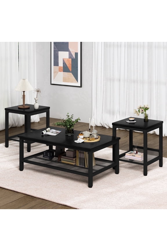 3 Pieces Living Room Coffee Table Set, Retro Coffee Table with 2 Square End Tables, Tea Table Set with Metal Frame for Apartment Home Office, Black