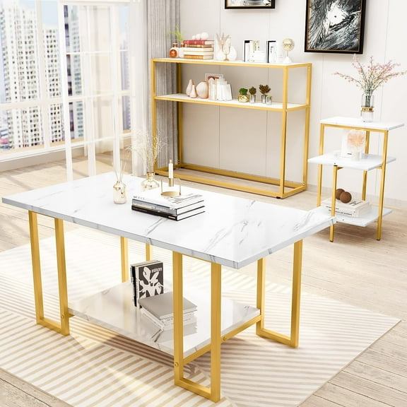 Baxluxe 3 Pieces Living Room Table Set, Faux Marble White Coffee Table with 3-Tier End Table, Console Tables in Gold Metal Frame for Home, Living Room, Office, Entryway (Square End)