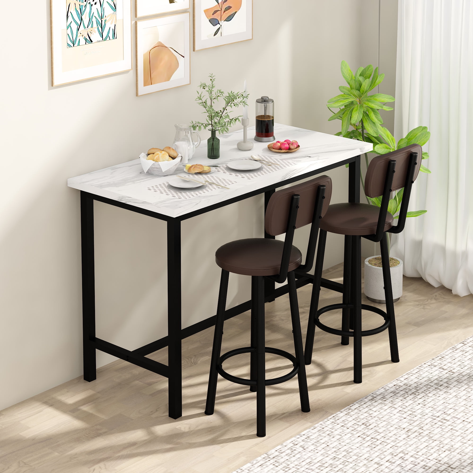 Baxluxe 3 Pieces Pub Table Set for 2, Faux Marble Bar Table Set with 2 ...
