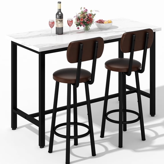 Baxluxe Marble Bar Table Set for 2, Counter Heght Rectangle Dining Table Set with 2 Leather Bar Stools, Faux Marble Kitchen Table and Chairs Set, 3 Pieces Pub Table Set for Breakfast Nook, White
