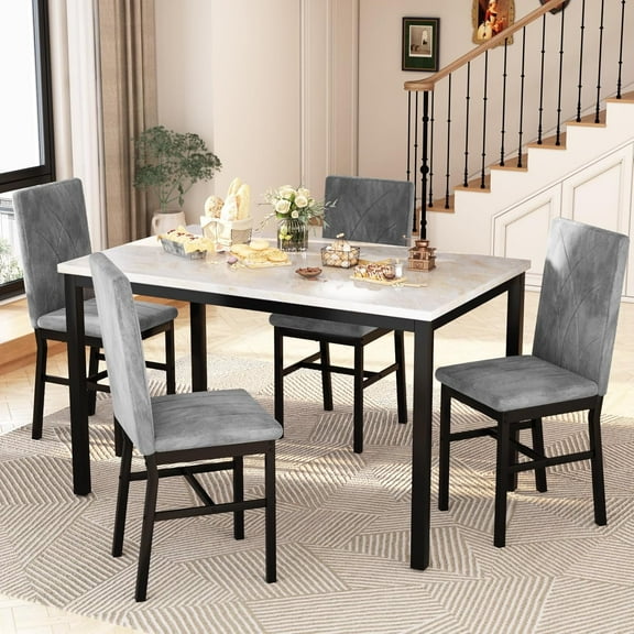 Baxluxe 4-Person Dining Table and Chair Set, Marble Kitchen Dining Table and Chair Set, with 4 Striped Velvet Dining Chairs, Suitable for Apartments, Breakfast Nooks, and Dining Rooms (Beige/Gray)