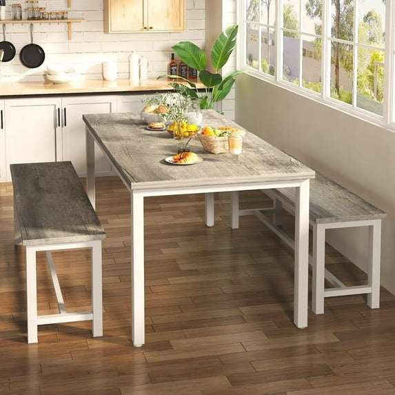 Baxluxe 3-Piece Dining Table Set, 47 Inch Farmhouse Kitchen and Dining Room Set, Rectangular Dining Table with Bench for Small Spaces, Dining Rooms, Apartments, Gray