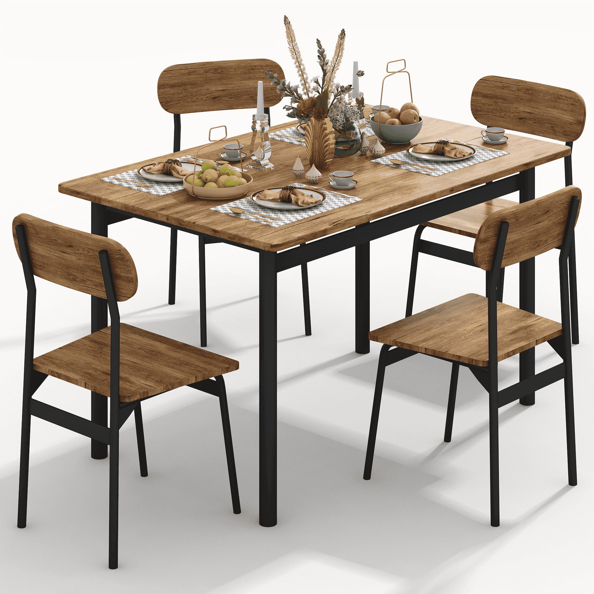 Baxluxe 4 Person Dining Table Set, Wooden Dining Table 5 Piece Set with ...