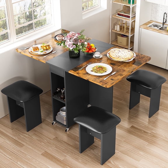 Baxluxe Folding Kitchen Table with Chairs,Dining Table Set for 4,Drop Leaf Table with 6 Wheels,Expandable Dining Table,Multifunction Expandable Table for Living Room, Folding Kitchen Table