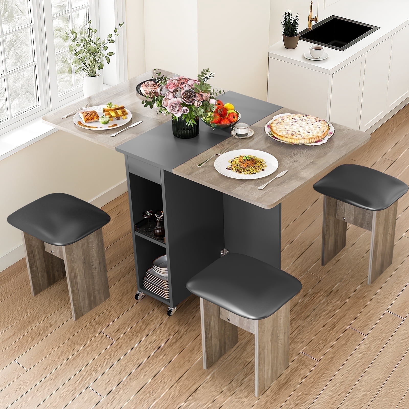 Baxluxe Folding Kitchen Table with Chairs,Dining Table Set for 4,Drop Leaf Table with 6 Wheels,Expandable Dining Table,Multifunction Expandable Table for Living Room, Folding Kitchen Table