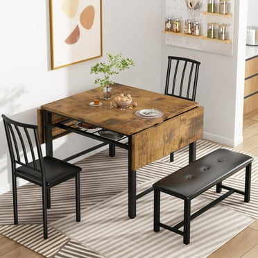 Baxluxe 4 Pieces Faux Wood Drop Leaf Dining Table with Storage Rack, Space Saving Breakfast Nook Table Set with 2 Backrest Chairs and 1 Upholstered Bench, Kitchen Dining Table and Chairs Set for 2-4