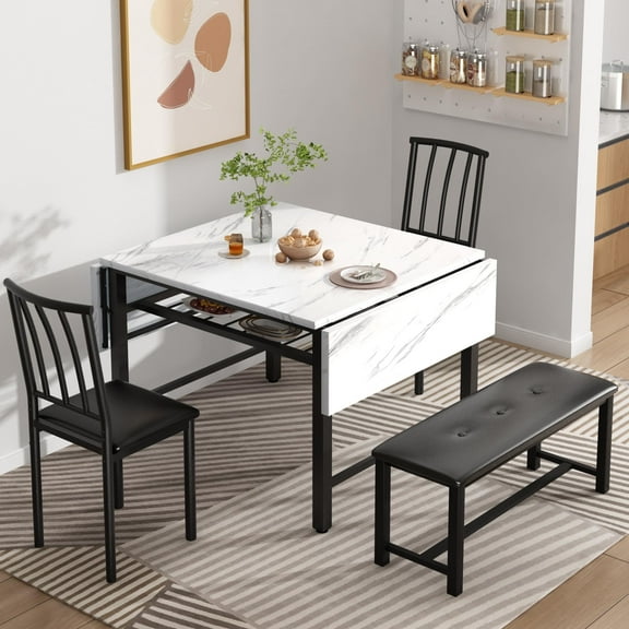 Baxluxe 4 Pieces Faux Wood Drop Leaf Dining Table with Storage Rack, Space Saving Breakfast Nook Table Set with 2 Backrest Chairs and 1 Upholstered Bench, Kitchen Dining Table and Chairs Set for 2-4
