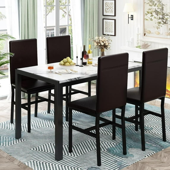 Baxluxe 5 Peice Dining Table Set, Faux Marble Dining Room Table and Chairs Set, Rectangle Kitchen Table Set with Durable Metal Frame and Upholstered Chairs, White