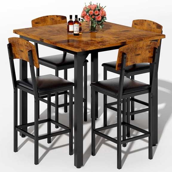 BAXLUXE 5 Piece Dining Table Set High Top Wood Dining Table Set for 4 Counter Height Small Kitchen Table With 4 PU Leather Upholstered Chairs,Small Dining Set for Bar Dining Room Breakfast