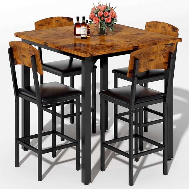 BAXLUXE 5 Piece Dining Table Set High Top Wood Dining Table Set for 4 Counter Height Small Kitchen Table With 4 PU Leather Upholstered Chairs,Small Dining Set for Bar Dining Room Breakfast