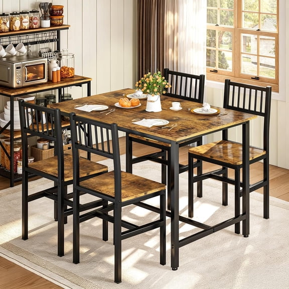 Baxluxe 5 Piece Kitchen Table and Chairs Set, Dining Table Set for 4, Dining Table Set with Metal Frame, Industrial Table for Kitchen, Dining Room, Restaurant, Rustic Brown