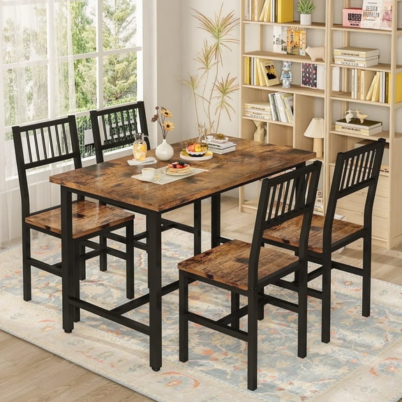 Baxluxe 5 Piece Kitchen Table and Chairs Set, Dining Table Set for 4, Dining Table Set with Metal Frame, Industrial Table for Kitchen, Dining Room, Restaurant, Rustic Brown