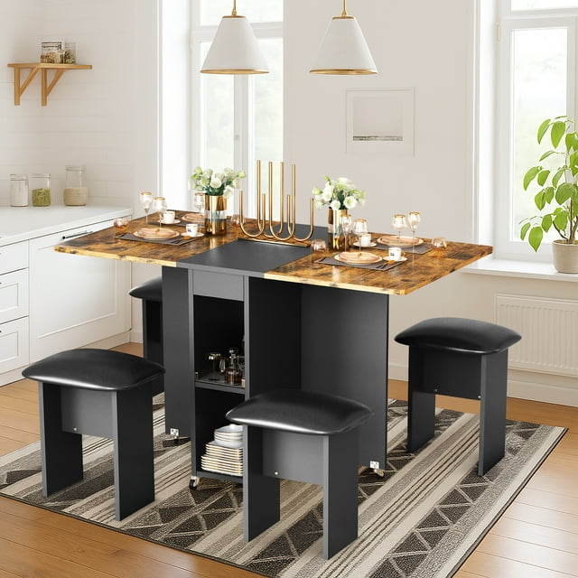 Baxluxe 5 Pieces Dining Table Set for 4 with Storage, Extendable Kitchen Table Set with 4 Chairs ...