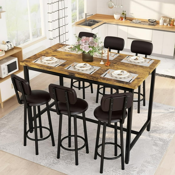 Baxluxe 50" Counter Height Dining Table and Chairs Set for 6, Modern 7-Piece Pub Table with 6 PU Leather Bar Stools, Space-Saving Metal & MDF Tall Kitchen Table/Breakfast Nook Set, Brown