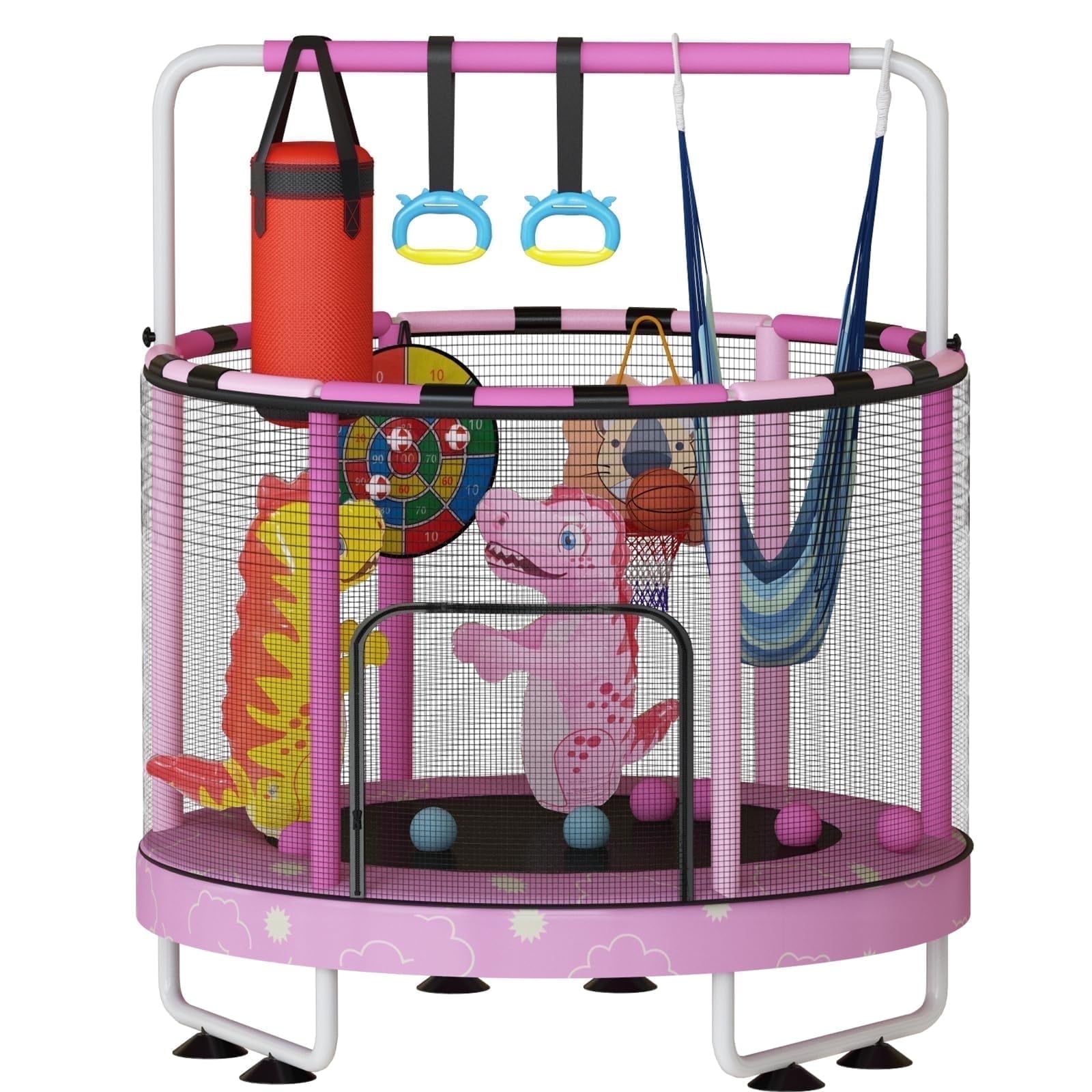 Baxluxe 55" 7-in-1 Upgraded Kids Trampoline, Reinforced Safe Design with Adjustable Height & Net, 500lbs Capacity Indoor and Outdoor Mini Trampoline for Boys & Girls Ages 3-8, Pink Cloud