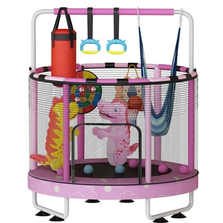 Baxluxe 55" 7-in-1 Upgraded Kids Trampoline, Reinforced Safe Design with Adjustable Height & Net, 500lbs Capacity Indoor and Outdoor Mini Trampoline for Boys & Girls Ages 3-8, Pink Cloud