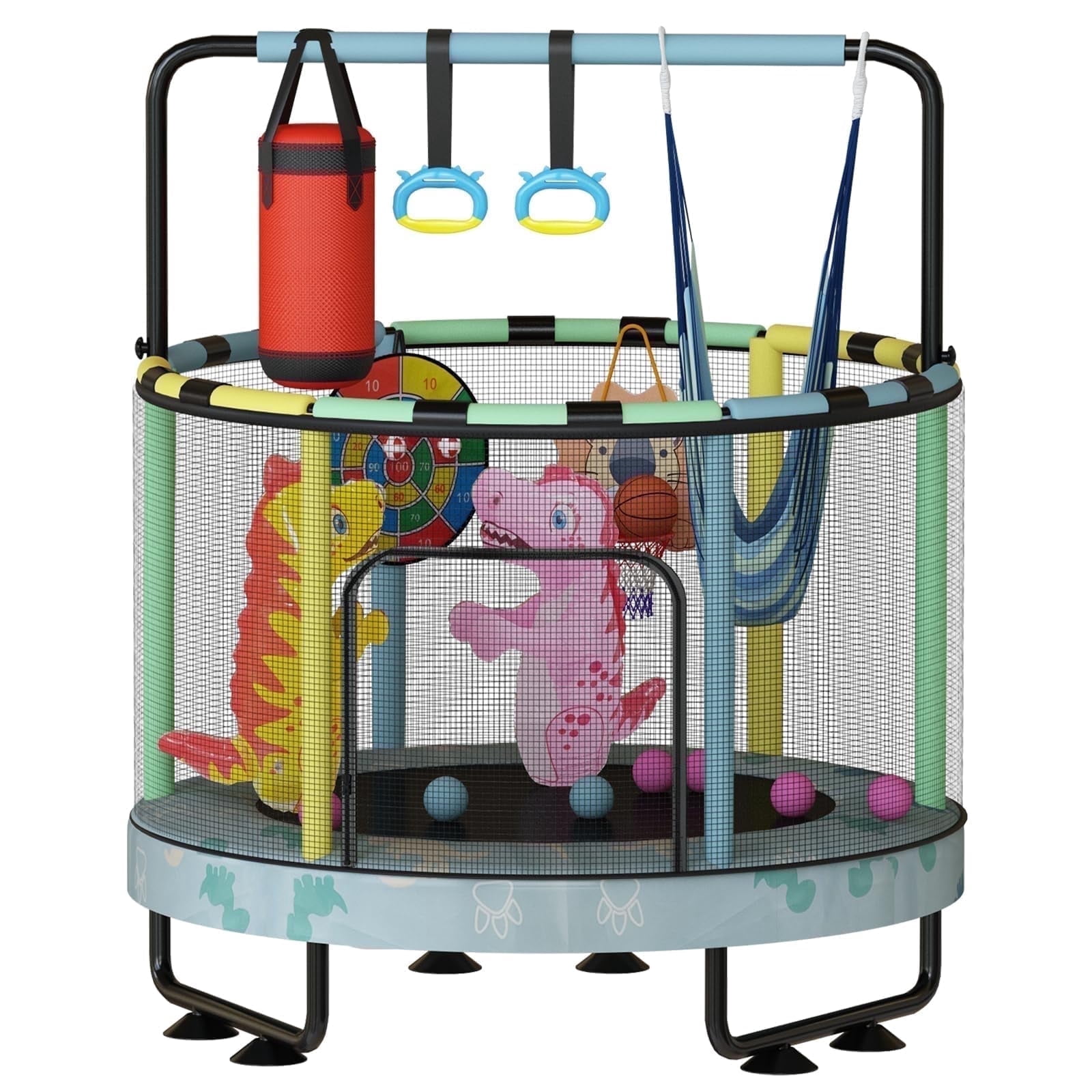 Baxluxe 55" 7-in-1 Upgraded Kids Trampoline, Reinforced Safe Design with Adjustable Height & Net, 500lbs Capacity Indoor and Outdoor Mini Trampoline for Boys & Girls Ages 3-8, Blue Dinosaur