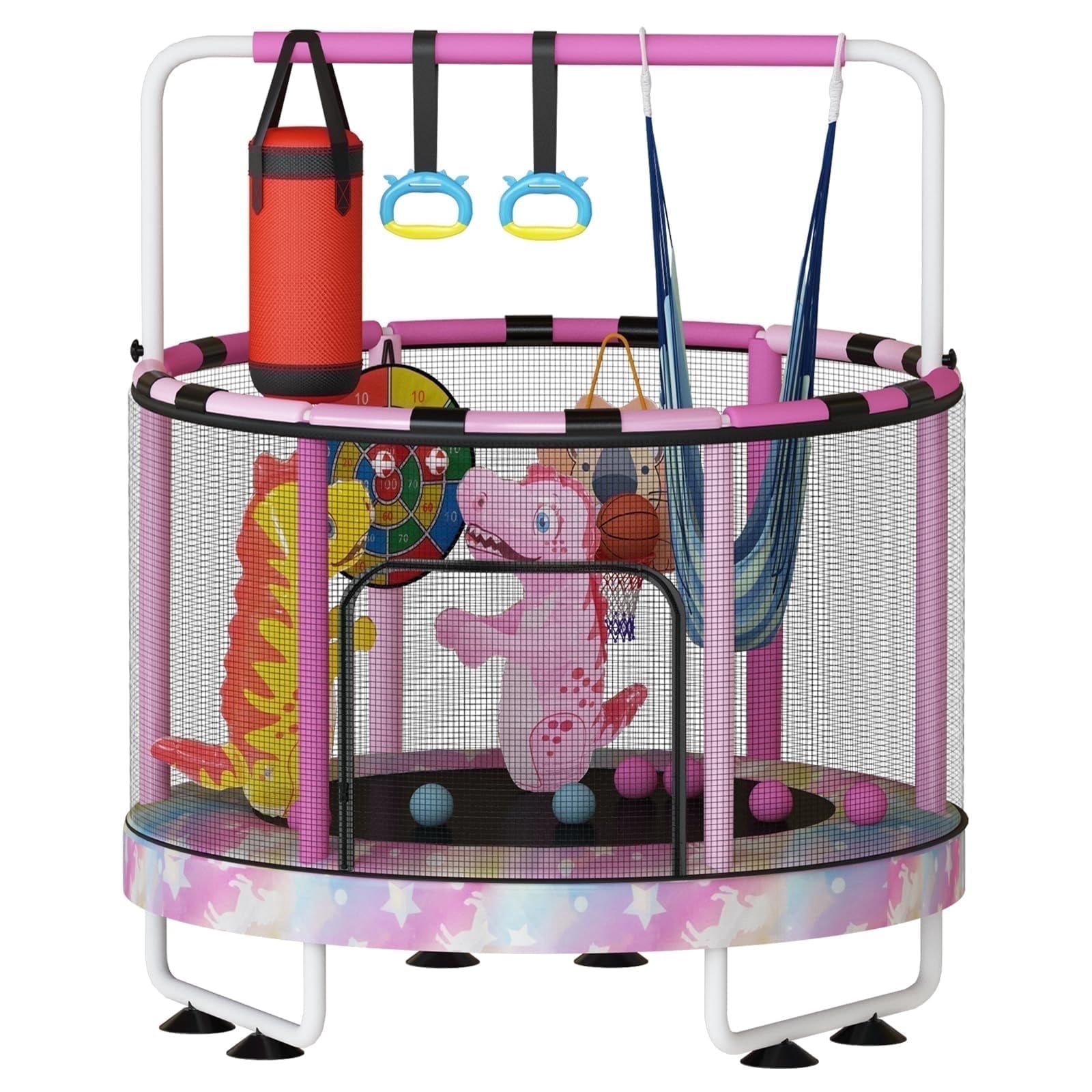 Baxluxe 55" 7-in-1 Upgraded Kids Trampoline, Reinforced Safe Design with Adjustable Height & Net, 500lbs Capacity Indoor and Outdoor Mini Trampoline for Boys & Girls Ages 3-8, Rainbow Unique