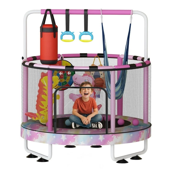 Baxluxe 55" Kids Trampoline with Safety Net, 7-in-1 Adjustable Height Design, 500lbs Weight Capacity for Indoor & Outdoor Use, Fun Mini Trampoline for Children Ages 3-8 Years Old, Rainbow