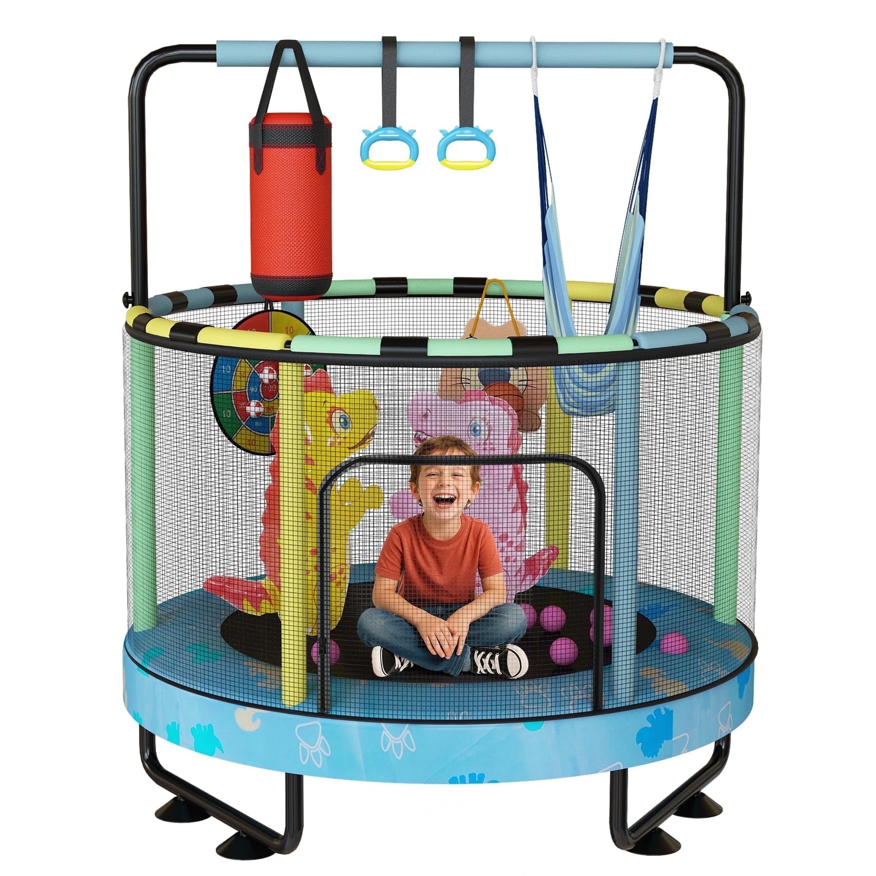 Baxluxe 55" Kids Trampoline with Safety Net, 7-in-1 Adjustable Height Design, 500lbs Weight Capacity for Indoor & Outdoor Use, Fun Mini Trampoline for Children Ages 3-8 Years Old, Blue