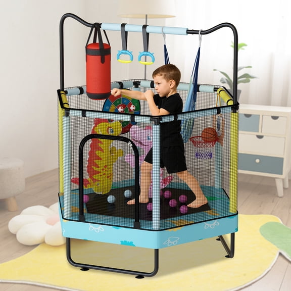 Baxluxe 55" Toddler Trampoline with Enclosure, 440 lbs Indoor Outdoor Mini Trampoline with Adjustable Gymnastics Bar, Basketball Hoop and Toys, No-Gap Trampoline for Ages 3-8 Soccur