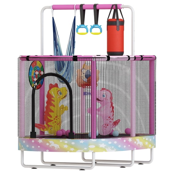 Baxluxe 7-in-1 Kids Trampoline for Age 3-8, Height Adjustable 60 Inch Toddler Trampoline, Child Bouncing Mini Trampoline with Safety Enclosure Net, 500lbs Capacity Trampoline, for Age 3-8, Pink