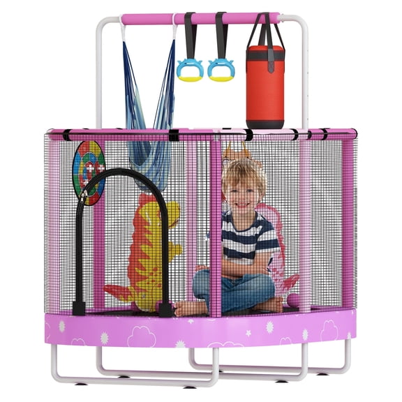 Baxluxe 60'' Kids Trampoline with Safety Enclosure Net, 7-in-1 Elliptic Bouncing Toddler Trampoline, Height Adjustable Mini Trampoline for Kids, 500lbs Capacity Trampoline for Age 3-8, Purple Cloud