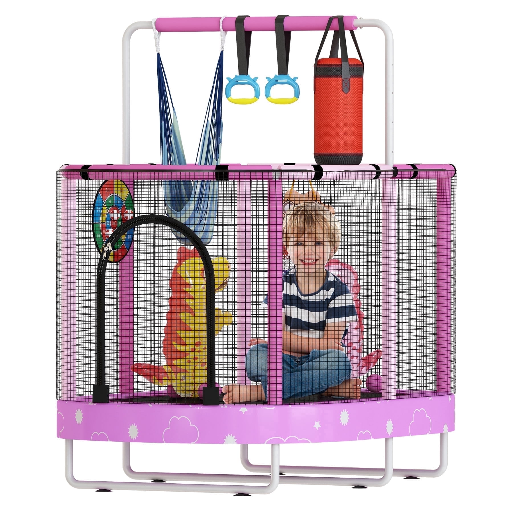 Baxluxe 60" Kids Trampoline 7-in-1, Elliptic Toddler Trampoline with Safety Enclosure Net, Height Adjustable Handrail & 500lbs Capacity, Mini Bouncer with Swing for Age 3-8, Purple Cloud