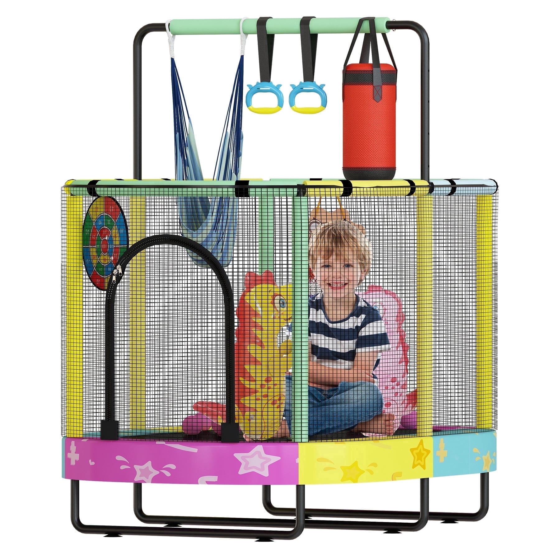 Baxluxe 60" Kids Trampoline 7-in-1, Elliptic Toddler Trampoline with Safety Enclosure Net, Height Adjustable Handrail & 500lbs Capacity, Mini Bouncer with Swing for Age 3-8, Stars