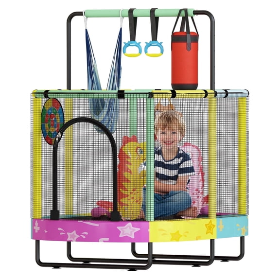 Baxluxe 60" Kids Trampoline 7-in-1, Elliptic Toddler Trampoline with Safety Enclosure Net, Height Adjustable Handrail & 500lbs Capacity, Mini Bouncer with Swing for Age 3-8, Stars