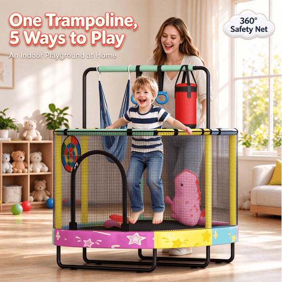 Baxluxe 60" Kids Trampoline 7-in-1, Elliptic Toddler Trampoline with Safety Enclosure Net, Mini Bouncer with Swing for Age 3-8